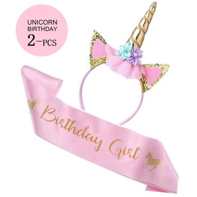 China Unicorn Birthday Party Unicorn Birthday Party Set Glitter Gold Unicorn Horn Headband with Pink Satin Sash for Unicorn Party Supplies for sale