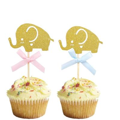 China Eco-Friendly Kind Of Materials Reveal Themed Baby Shower Cupcake Toppers Gold Glitter Elephant Party Decorations 24 Pack for sale