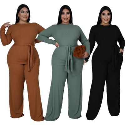 China Breathable L-4XL Plus Size Loungewear Women Sets Solid Color Casual Wide Leg Two Piece Set for sale