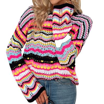 China Breathable Women's Long Sleeve Crew Neck Striped Cozy Loose Oversized Rainbow Pullover Knitted Sweater for sale