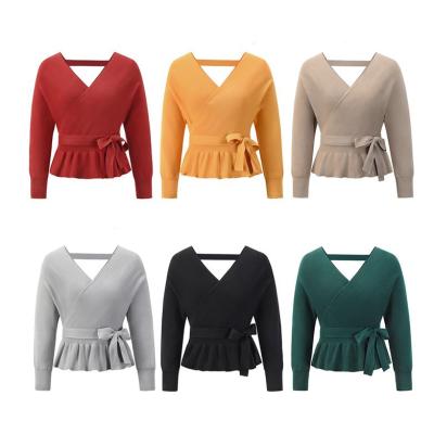 China 2021 Autumn Winter New Products Women Sweater Long Sleeves Sweater Women Sweatshirts Breathable V-neck Casual Belt Knitted Sweater for sale