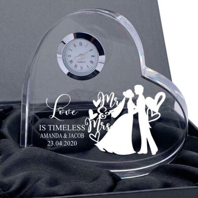 China Personalized Engraved Heart Crystal Glass Clock Letter Europe Gift for sale