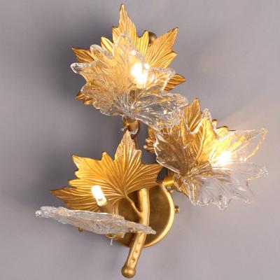 China Contemporary Modern Luxury Elegant Crystal Copper Brass Wall Lamp Gold Maple Leaf Branch Wall Sconce for Home Decor Bedside Staircase Kitchen for sale