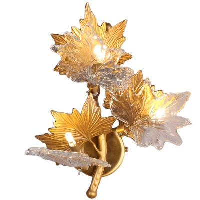 China Contemporary Novelties Flower Shape Clear Lighting High Quality Customized Brass Handmade Crystal Wall Sconce Lamp Copper Leaf Chandelier for sale