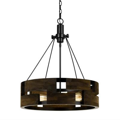 China American Round Metal Oaky Wooden Light Frame Chandelier Farmhouse Lighting Fixtures Restaurant Tavern Pendant Lamp Loft for sale