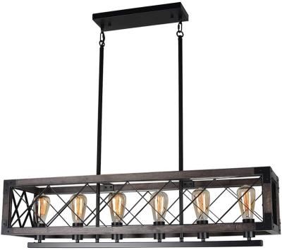 China Rustic Wooden Black Metal Cage Island Kitchen Farmhouse Lighting Fixture Chandelier Industrial 5-Light Rectangle Pendant Light for sale