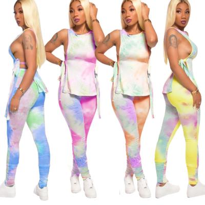 China FS1307D New Style Breathable Tie Dyed T-shirts And Pile Up Pencil Pants Two Piece Sets Women Clothing Sets for sale