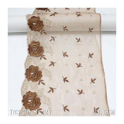 China Sustainable 23cm Brown Mesh Tulle Lace Flower Embroidery Lace Fabric Polyester Lace For Women for sale