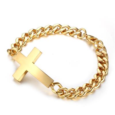 China FASHIONABLE Christian Gold Plated Stainless Steel Curb Chain Bracelets with Cross in the Middle for sale