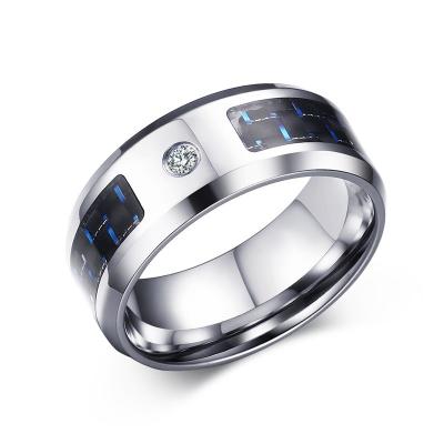 China Factory Wholesale 8mm Wide CLASSIC Stainless Steel Initials Woman Rings With Carbon Fiber And CZ Stone for sale