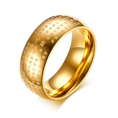 China CLASSIC China Style Jewelry Face Width 8mm Stainless Steel Heart Sutra Buddhist Religious Imprinting Ring for sale