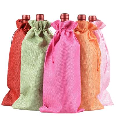 China Wholesale 15*35Cm High Quality Burlap Drawstring Gift Bag Wine Bottle Canvas Carrier Bag With Nylon Rope Printing Logo Available for sale