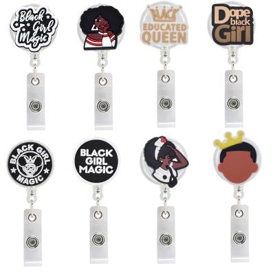 China Deluxe Cute Cartoon Series Black People Easy Pull Back Clip Retractable Buckle Cute Badge Reel Badge Reel ID Badge Carabiner for sale