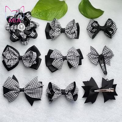 China Trendy Babies 3 Inch Set Black Check Ribbon Hair Bow With Clip Kids Hair Accessories for sale