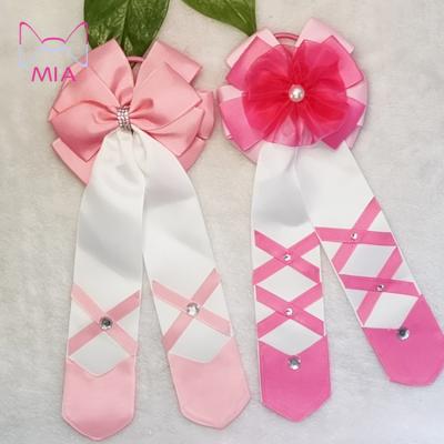 China Fashion Baby Kids Pale Pink Ribbon Hair Bow with Elastic Ribbon Flame Hair Flip Tie Bands for Kids Babies for sale