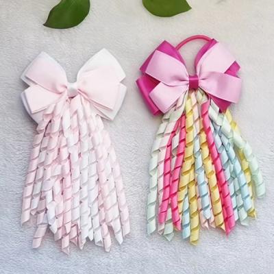 China Curly Hair Decoration Ribbon Student Uniform Tassels Hair Bow With Elastic Hair Band Hair Flips for sale