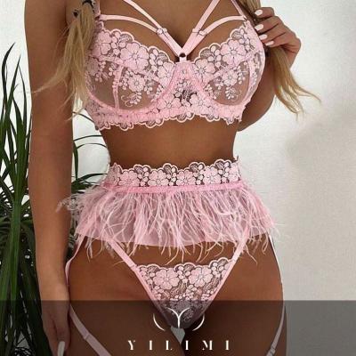 China 2022 hot wholesale sexy lace embroidery flower lingerie sexy 3 piece Spandex/polyester feather lingerie set for women L3493 for sale