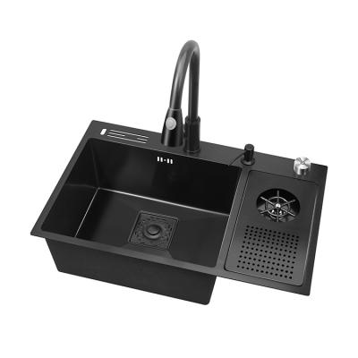 China Modern Topmount Artifact Black Sink Outdoor Sink Station Step PVD Nano Stainless Steel Kitchen Sink With Smart Cup Washer for sale