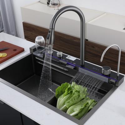 China Modern Temperature Display Piano Key Button Waterfall Smart 304 Stainless Steel Nano Pull Out Faucet Kitchen Sink Manufacturer for sale