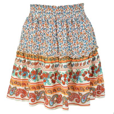 China 2022 Summer Style Double Elastic Women's Ethnic Ruffle Skirt Breathable Print Skirt Bohemian Ethnic Skirt for sale