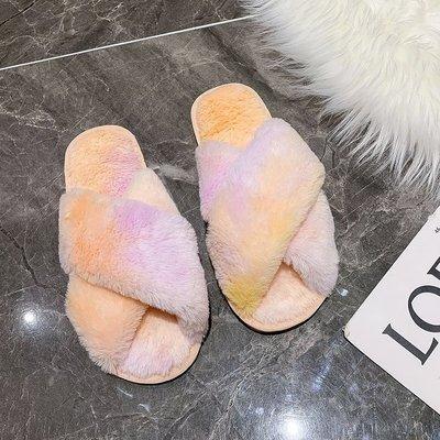 China 2020 Fashion Trend Wholesale Winter Faux Fur Tie DyeSlippers For Women for sale