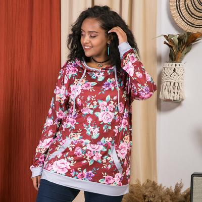 China QUICK DRY RTS Plus Size Women's Long Sleeves Floral Print Kangaroo Pocket Hoodie Tops Pullover for sale