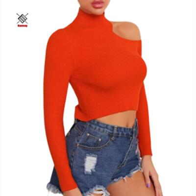 China New Design Girls Anti-wrinkle High Neck Fashion One Shoulder Thin Cut Out Knit Pullover Sweater for sale