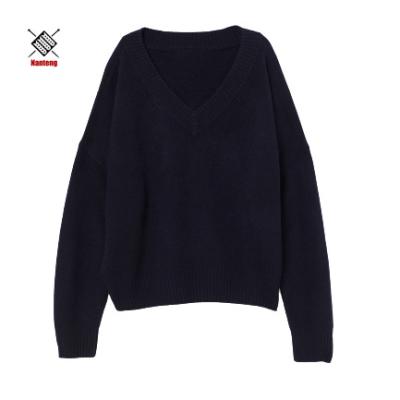 China Blue Solid Anti-wrinkle OEM Fine Knit Winter Pullover Cashmere V-Neck Women's 100% Cashmere Sweater for sale