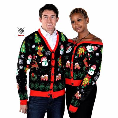 China Latest Anti-wrinkle Design Pattern Jacquard Knitwear Cardigan Women And Men Christmas Sweater Family for sale