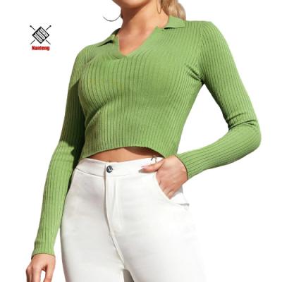 China Anti-wrinkle Autumn Solid Ripped V-Neck Elastic Sweater Knit Women's Crop Top Sweater for sale