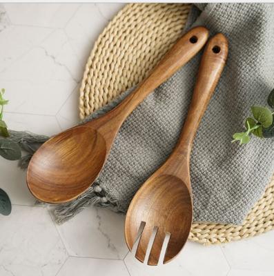 China Sustainable Customized Eco-friendly Acacia Wood Kitchen Utensils Handmade Cooking Salad Serving Spoon And Fork Set For Serving Salad for sale