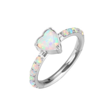 China New Design Stainless Steel Romantic Earring Septum Clicker Hinged Segment Clicker Heart Nose Ring Opal Perforation for sale