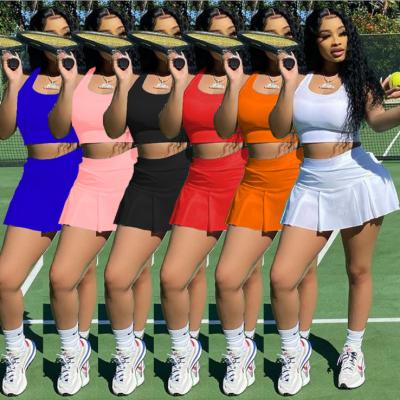 China 2021 Women's Solid Color Anti-Static Vest Tracksuit With Skirt Shorts Two Piece Tennis Two Piece Stylish Short Set for sale