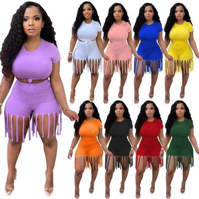 China Anti-pilling 2021 Summer Women Clothing Solid Color Crop Tassels Top Shorts Pants 2 Piece Set for sale