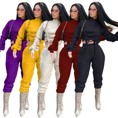 China 2021 Anti-pilling Autumn And Winter Women's Sweatshirt Sets Drawstring Crop Sweat Suits Pleated 2 Piece Women Jogger Sets Tracksuit For Lady for sale