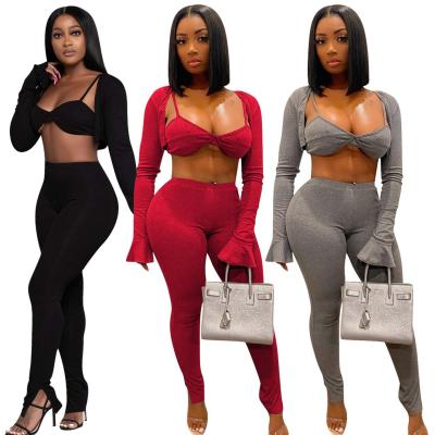 China New Fashion Anti-Static Women Fall Full Bodysuit Crop Top Tube Sleeve Workout Long 3 Piece Pants Sets Women Fall Tracksuits for sale