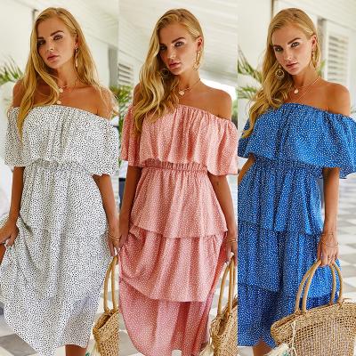 China Best Selling Women Breathable Boho Off The Shoulder Polka Dot Ruffle Ladies Apparel Women Casual Midi Off Shoulder Dress Girls Dresses 2021 New Arrival for sale