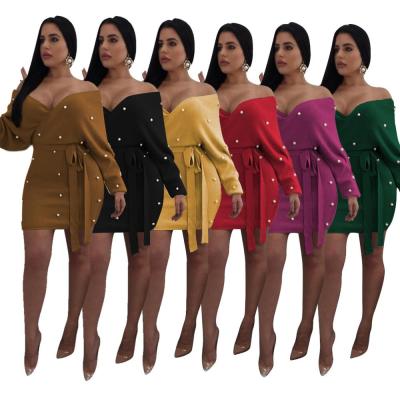 China 2021 New Arrival Autumn Bodycon Dress Breathable Velvet Long Sleeve Beading Short Dresses 2021 Elegant Casual Dress Prom Dresses for sale