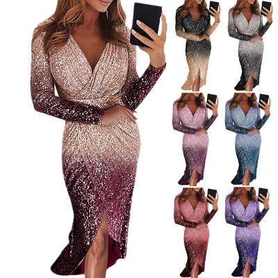 China Women Breathable Casual Dresses New Arrival Border Prom Long Dresses Latest Long Sleeve Gradient Sequin Dinner Party Dresses for sale