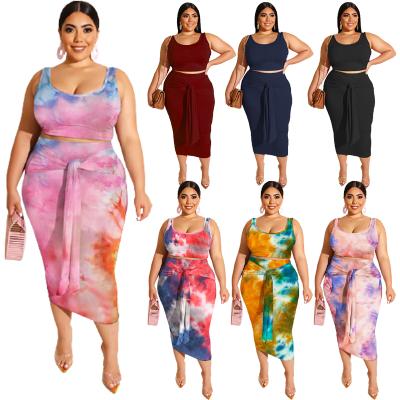 China 2021 Summer 2 Piece Outfits 3xl 4xl 5xl Skirt Set Breathable Solid Two Piece Tie Dye Sets Maxi Dress Plus Size Women Clothing for sale