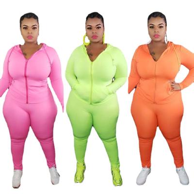 China Fall 2021 Anti-Static Plus Size Women Solid Top Jogger Hood Zipper Long Sleeve Clothing Sets Women Casual Plus Size Active Wear Sets for sale