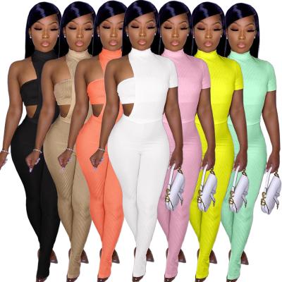 China Anti-wrinkle ready to ship custom logo ribbed ladies asymmetrical pit band wrapped chest 3 piece set clothing 2021 womens 3 piece fitness set for sale