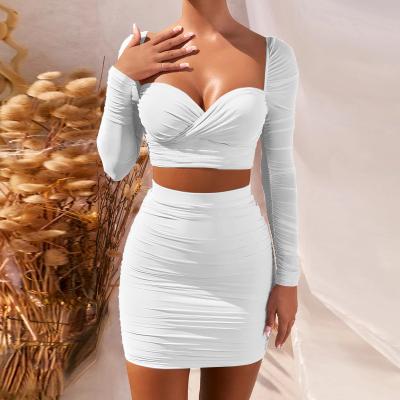 China Anti-Wrinkle New Arrival Drop Women Casual Dress Ribbed V-Neck Long Sleeve Bodycon Pleated Skirts Set Party Club Women Skirt Sets Two Piece for sale