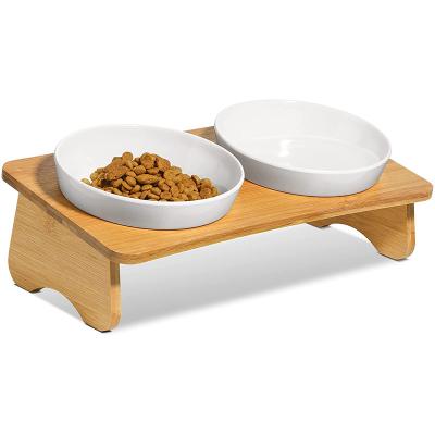 China Non-automatic Elevated Cat Bowl with Water Bamboo Stand, Elevated Pet Feeder with 2 Melamine Bowls, Tilted Food and Cat Feeding Dish for sale