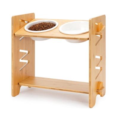 China Non-automatic Adjustable Elevated Dog Cat Pet Bowl, 8 Height Bamboo Elevated Pet Stand Feeder with 2 Food Bowl for sale