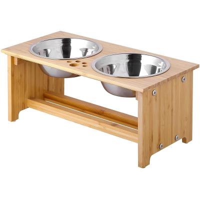 China Non-automatic Bamboo Elevated Pet Wheels Elevated Dog Cat Food and Water Bowls Stand Driver with 2 Stainless Steel Bowls and Anti Slip Feet for sale