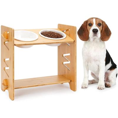 China Non-automatic adjustable bamboo elevated pet carrier feeder with 2 shatterproof melamine food and water bowls perfect for small to large dog for sale