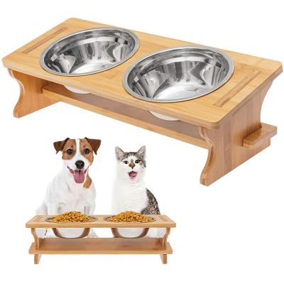 China Non-automatic Durable Bamboo Pet Raised Bowls for Small and Medium Dogs Cat Food Bowl Stand with 2 Stainless Steel Bowls for sale