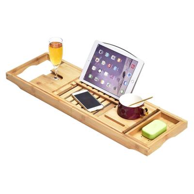 China Viable Custom Wooden Bath Tray Expandable Placed Book of Logo Bamboo Bathtub Tray Caddy and Built-in Tablet Smartphone and Wine Holder for sale