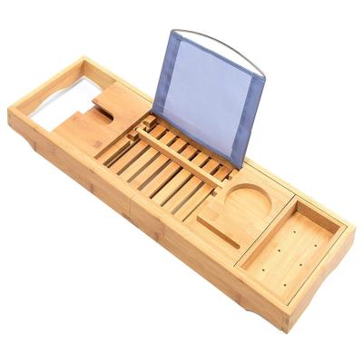 China Expandable Luxury Bamboo Bath Table Trays Luxury Bathtub Trolley Tray with Expanding Sides, Cell Phone, Book, Tray and Wine Glass Holder for sale